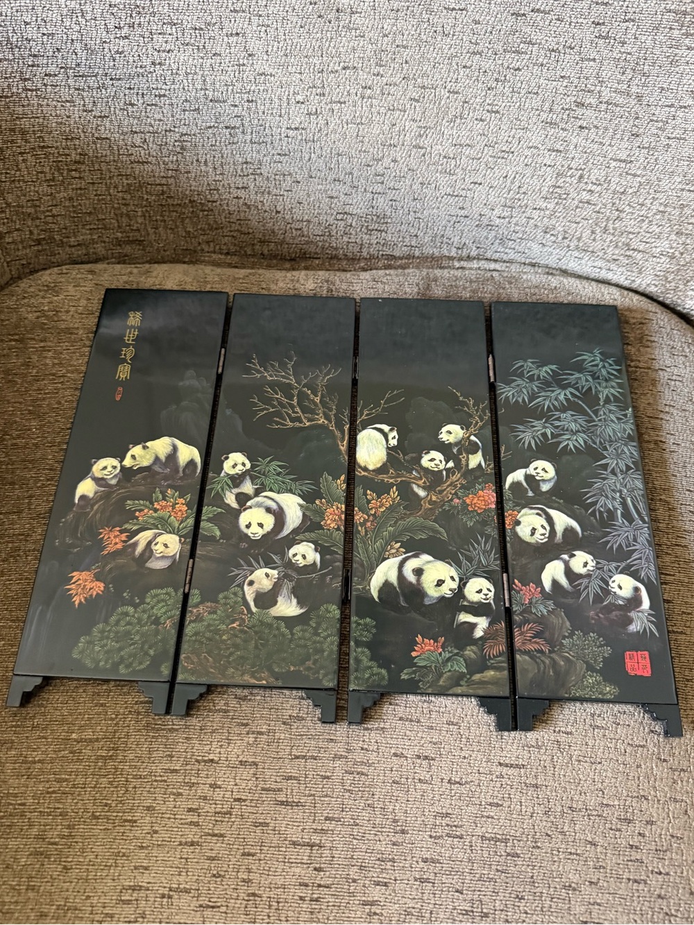 Desktop 4 Panel Mini Black Lacquerware Decorative Screen of Giant Pandas.
